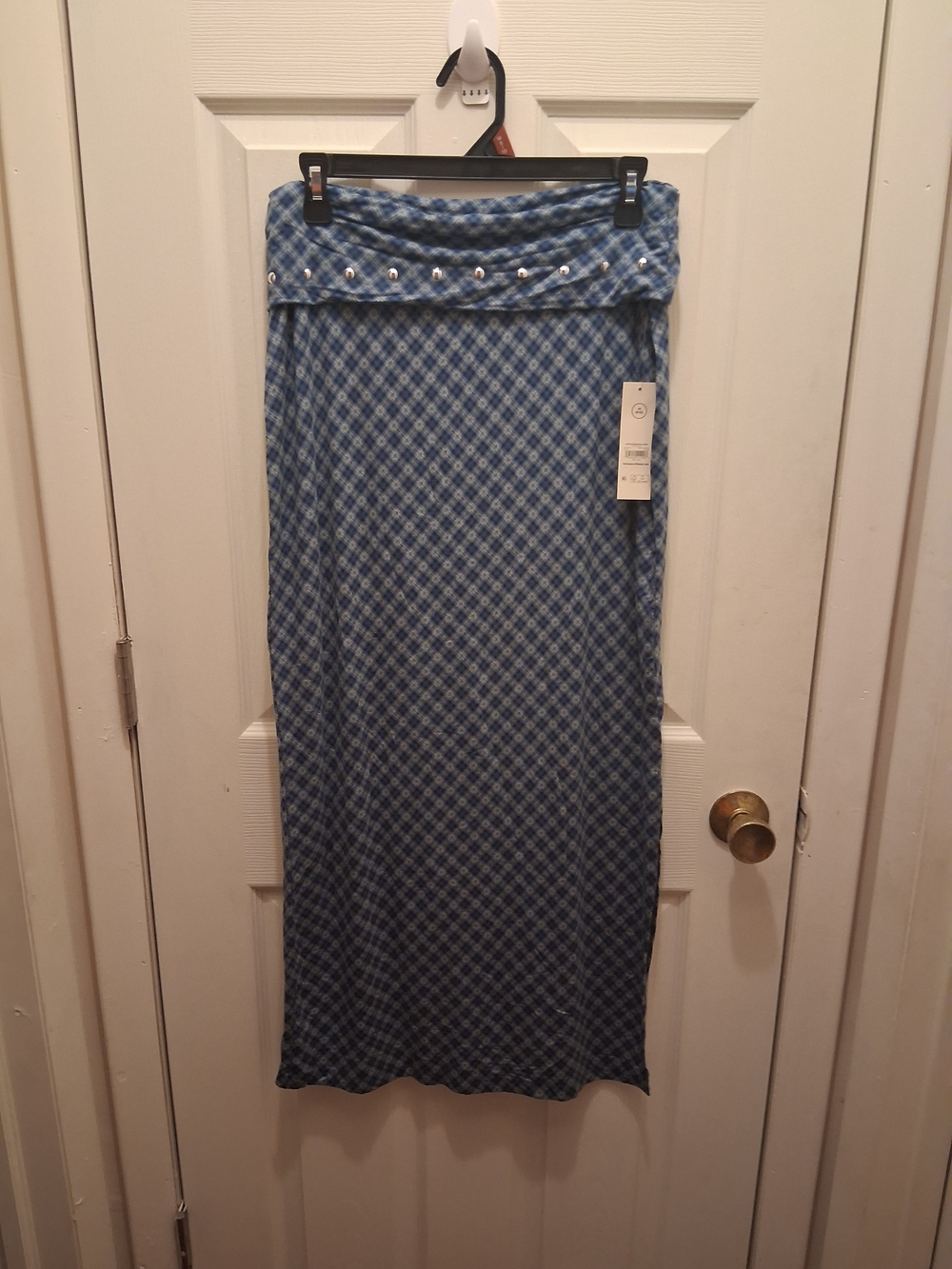 No Boundaries Blue Plaid Maxi Skirt with Studded Fold-Over Waist